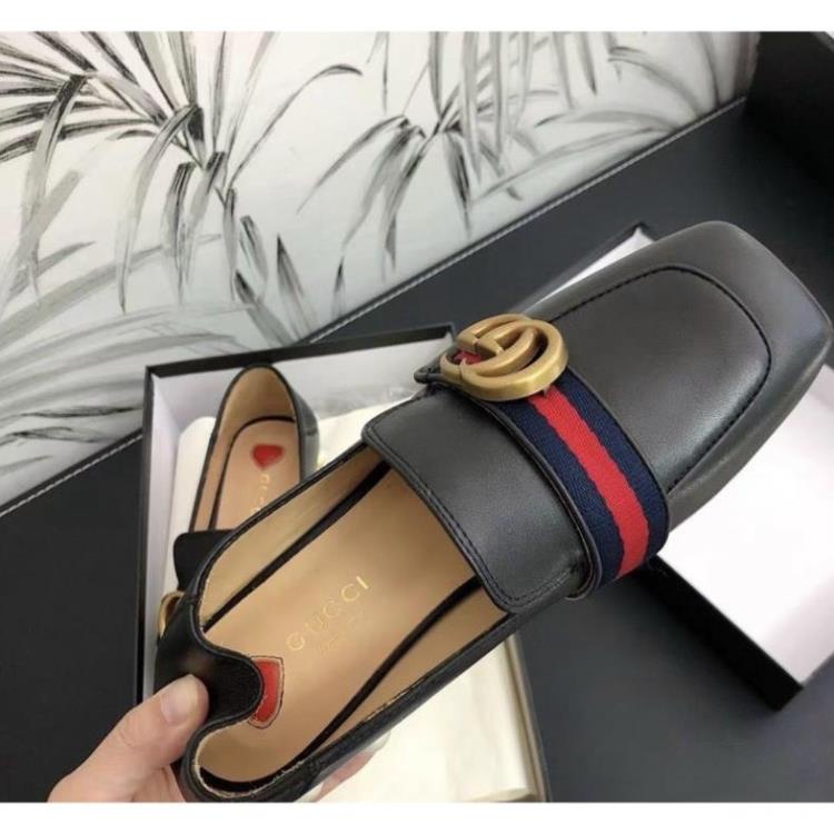 Giầy Lười Gucci Gót Ngọc Trắng Đen