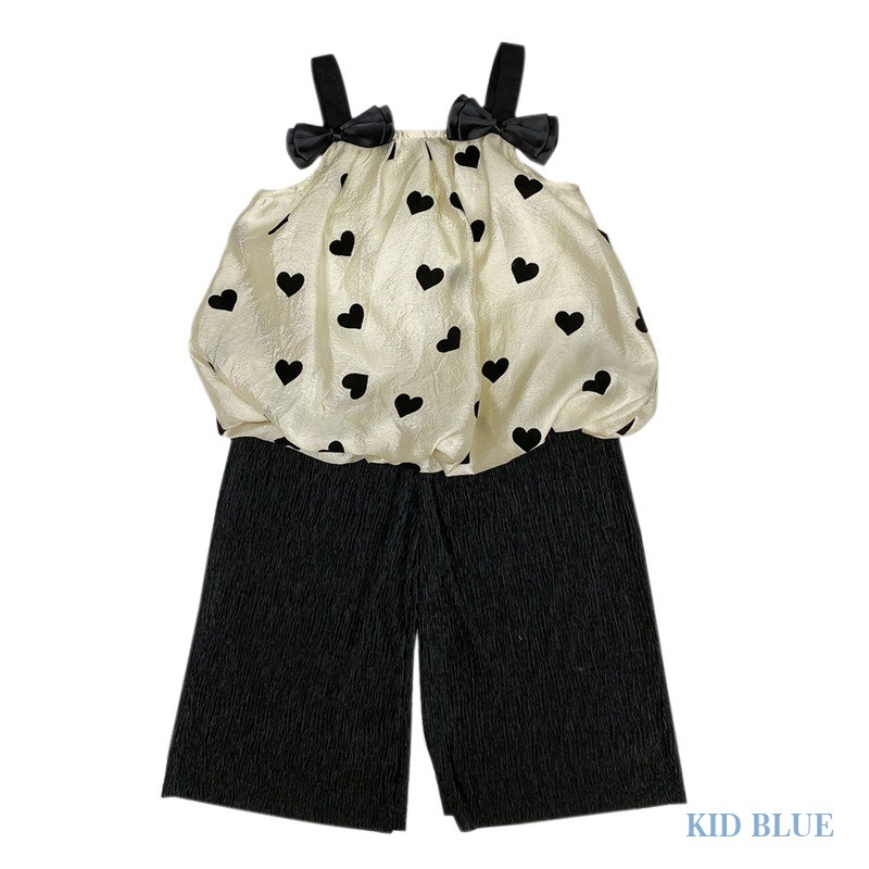 Bộ Áo Đính Nơ Đen + Quần Ống Rộng Thời Trang Mùa Hè Hàn Quốc Cho Bé Gái