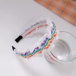 Bờm cài tóc 7 sắc cầu vồng vải nhún bèo siêu xinh phối lưới màu cầu vồng dễ thương cho nữ