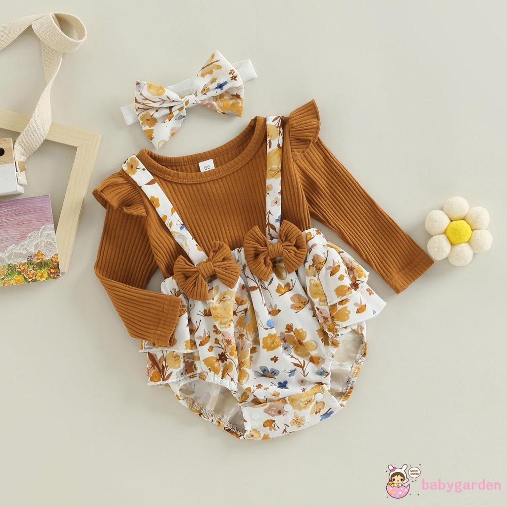 Bộ Áo Liền Quần Tay Dài Cổ Tròn In Họa Tiết Bươm Bướm Kèm Băng Đô Cài Tóc Xinh Xắn Cho Bé Gái 0-18 Tháng Tuổi