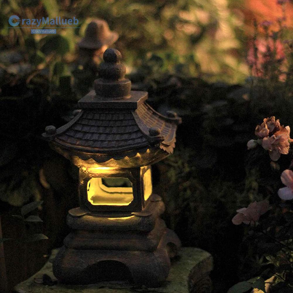 Crazymallueb❤Retro Resin Craft Pavilion Sculpture Solar Lights Outdoor Garden Ornaments❤Lighting