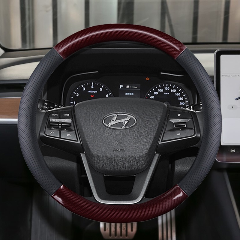 Bọc Vô Lăng Xe Hơi Bằng Da Sợi Carbon Chống Trượt 38cm Cho Hyundai i30 kona i10 i35 elantra santa fe