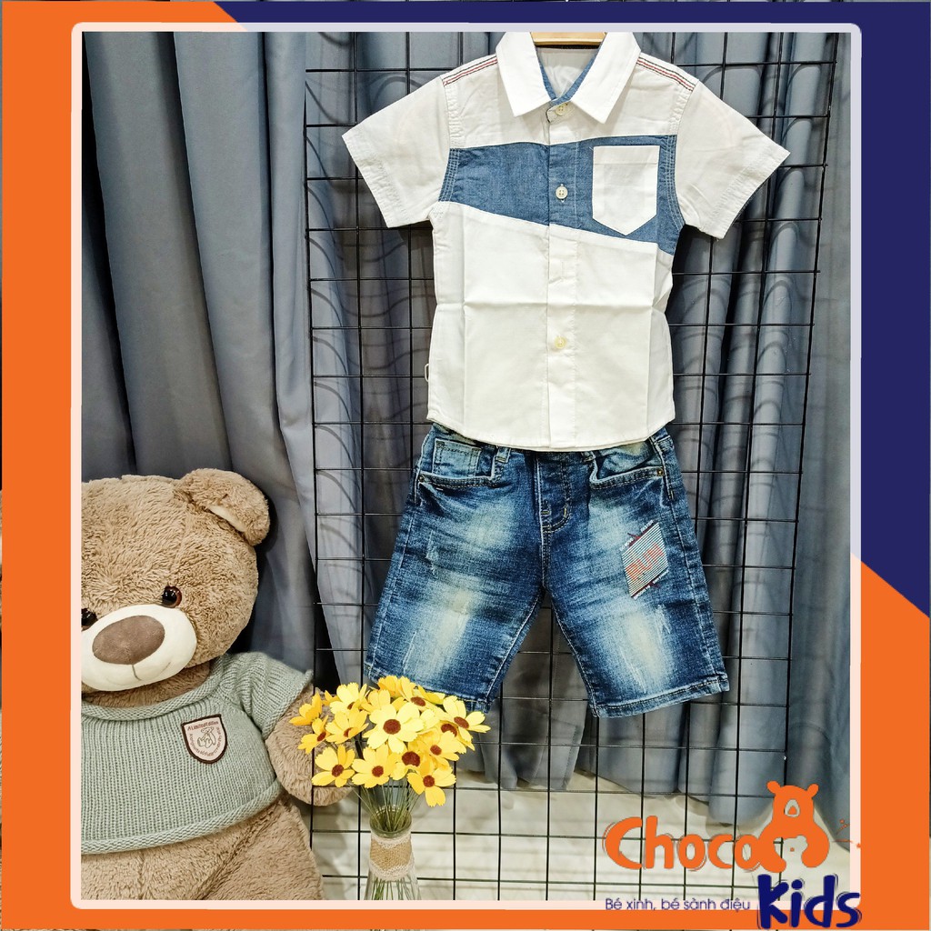 ÁO SƠ MI BÉ TRAI MÀU TRẮNG PHA JEANS CHẤT VẢI SIÊU MỀM MỊN CHO BÉ