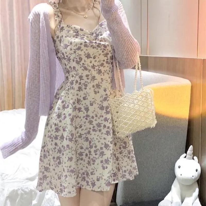 S1 Set Bộ Đầm Hoa Nhí Hai Dây Tím Nữ Tính Và Áo Khoác Mỏng Mùa Thu