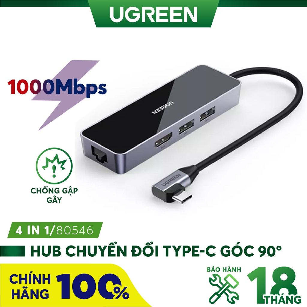 Hub USB C Chính hãng Ugreen 80546 CM350 (Type C ra HDMI 4K+2USB3.0+Lan 1GB)