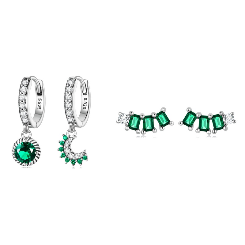BAMOER Set Bông Tai Và Khuyên Kẹp Tai bạc 925 Đính Đá Zircon Xanh