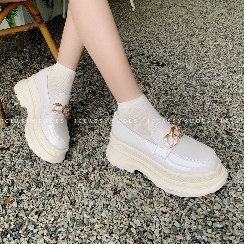 Giày Moca Loafer Ulzzang Vintage, Giày Lười Nữ Da Pu Cao Cấp Họa Tiết Móc Xích Đế Cao 5cm, Hàn Quốc - Iclassy_shoes
