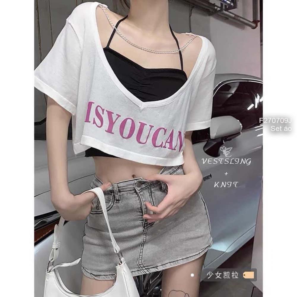 Set cặp áo thun dẻo áo croptop chữ cổ tim xẻ sâu tay con+ áo lót dây trong!