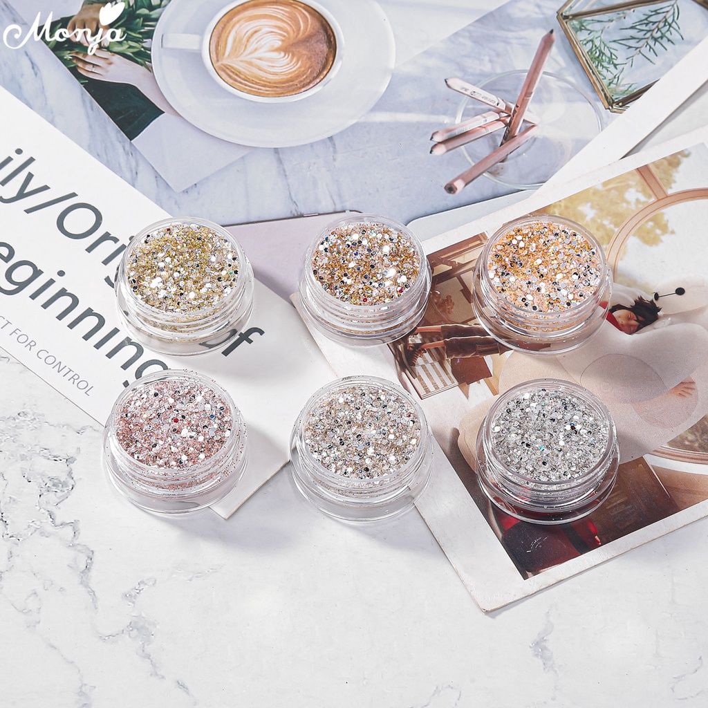Lọ bột kim tuyến lục giác Monja 6 màu ánh kim sang trọng dùng trang trí móng tay DIY độc đáo