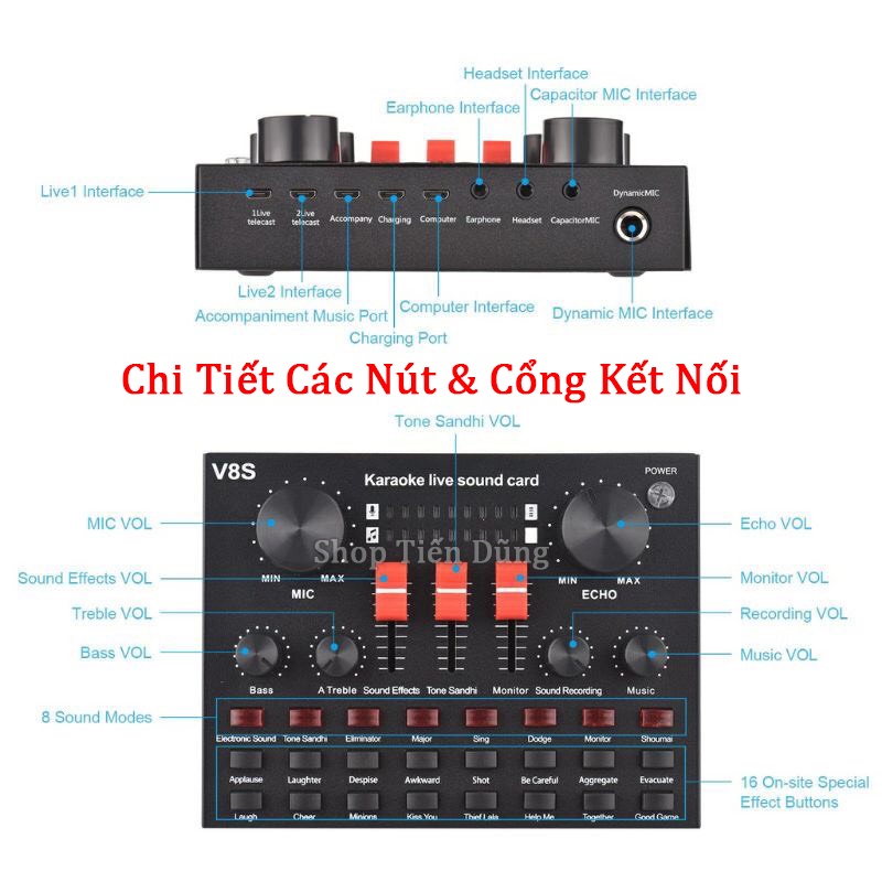 Sound card V8S bản nâng cấp sound card V8 Hỗ Trợ Bluetooth, 16 Hiệu Ứng, 8 Chế Độ, Chỉnh Bass Treble Record Tích Hợp Pin