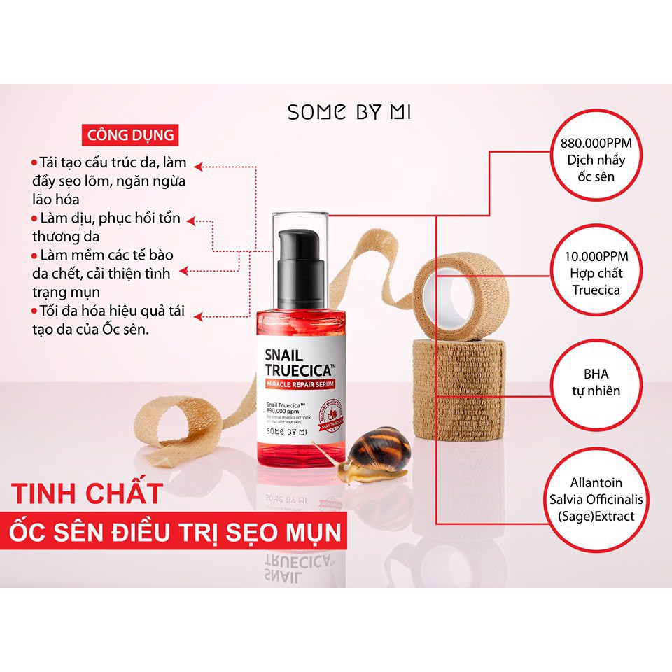 Tinh Chất Some By Mi Mờ Sẹo Mụn, Phục Hồi Da Ốc Sên Đen Snail Truecica Miracle Serum 50ml