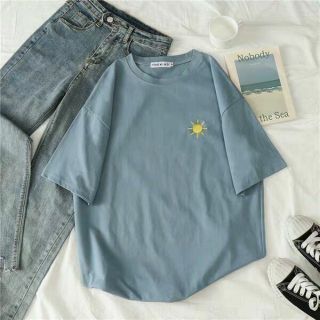 Áo phông basic xanh xám thêu hình