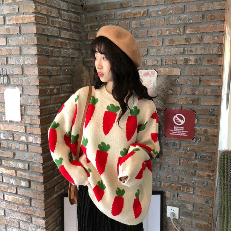 Áo len dài tay họa tiết củ cà rốt thời trang Hàn Quốc cho nữ