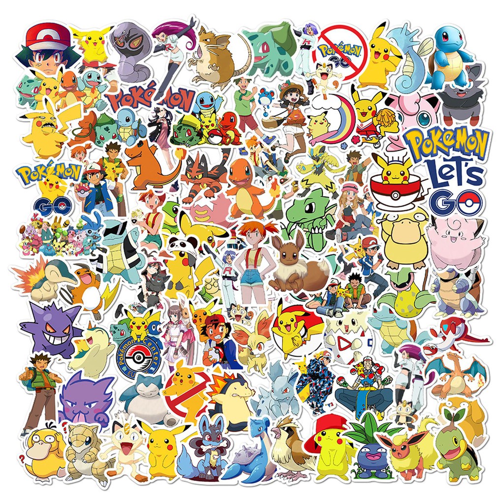 Set 100/ 50/ 25/ 10 sticker hoạt hình pokemon đáng yêu chống thấm nước trang trí ván trượt/ laptop/ ghita cho bé