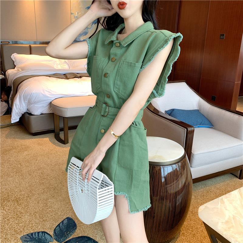 Jumpsuit Tay Ngắn Ống Rộng Lưng Cao Thời Trang Cho Nữ