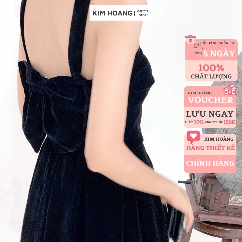 Đầm dự tiệc trễ vai Kim Hoàng. Váy đi tiệc dáng xoè cúp ngực thắt nơ lưng vải nhung đen hàng thiết kế cao cấp (Khả Ngân) | BigBuy360 - bigbuy360.vn