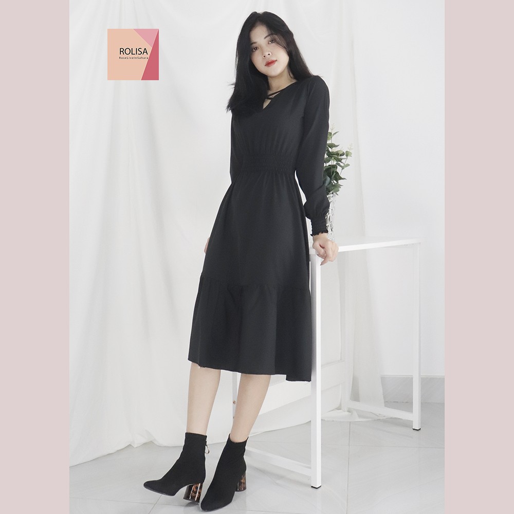 [Mã SKAMSALEP6 giảm 10% tối đa 100K đơn 150K] Đầm váy nữ dài tay dáng dài Rolisa RD058 Màu đen | BigBuy360 - bigbuy360.vn
