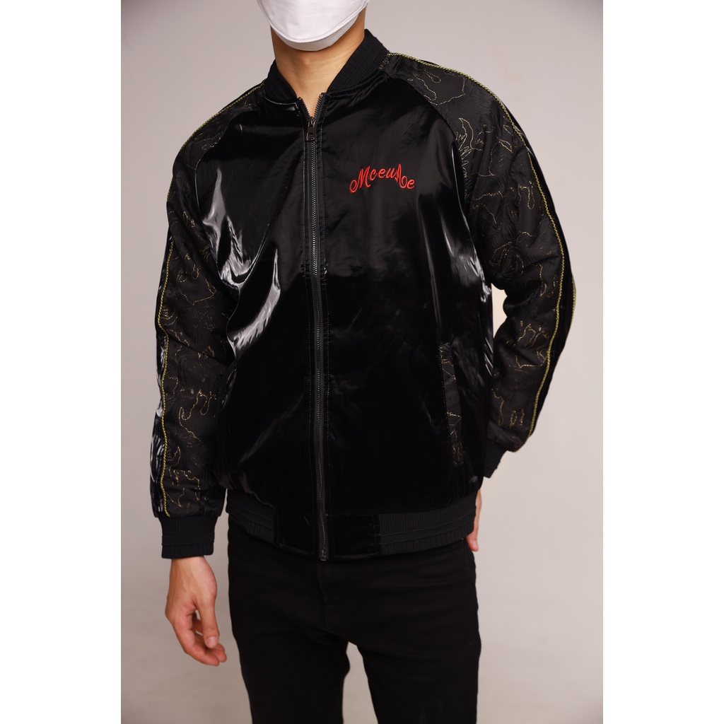 Áo khoác bomber nam cao cấp Karissé , áo bomber nam da raglan phối họa tiết thêu cực chất