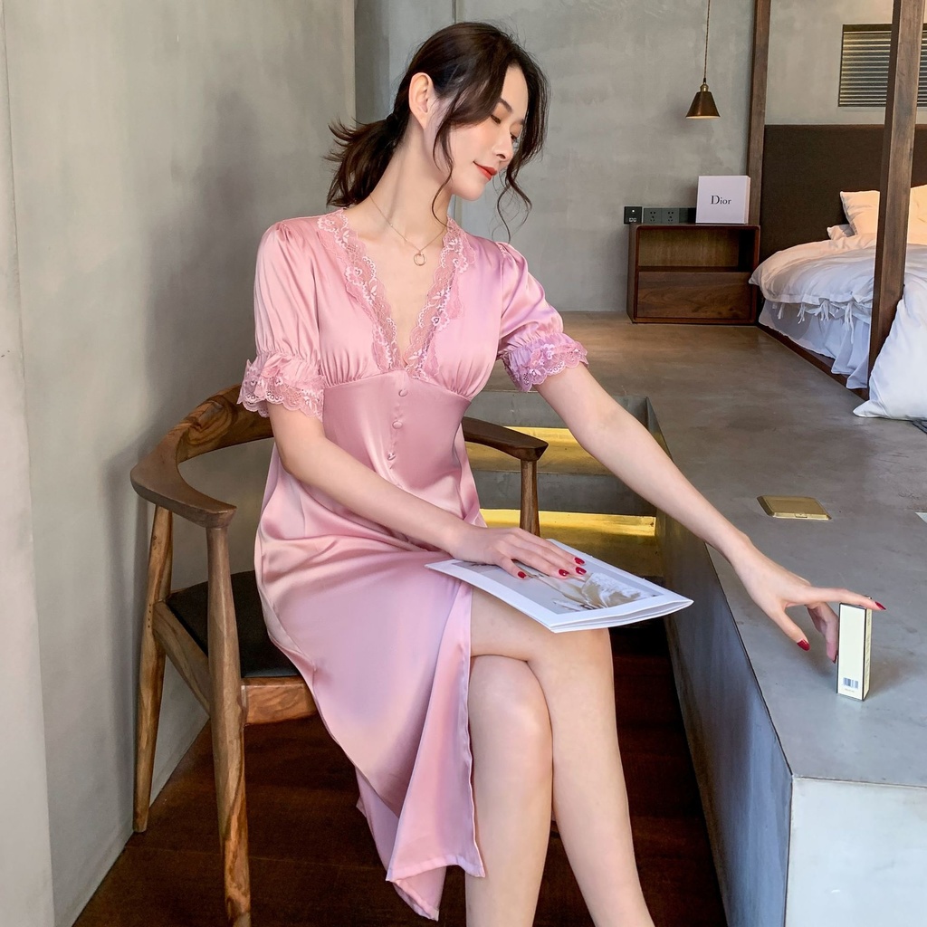 Đầm Ngủ Dáng Dài Vải Lụa Satin Phối Ren Thời Trang Xuân Hè Quyến Rũ Cho Nữ