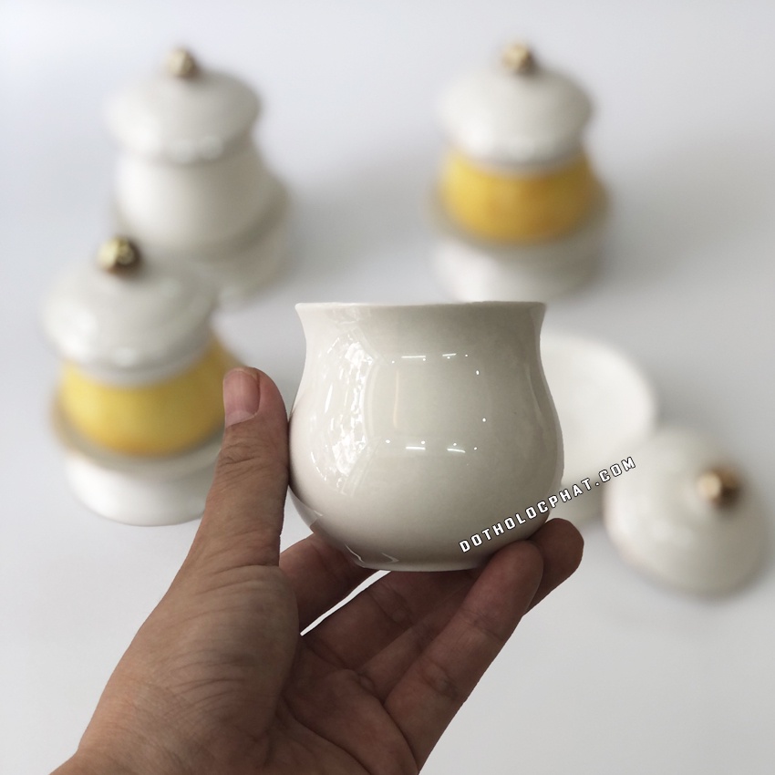 Hũ Muối Gạo  Nước Thờ Cúng Có Nắp 12cm Sứ Trắng Vàng Cao Cấp