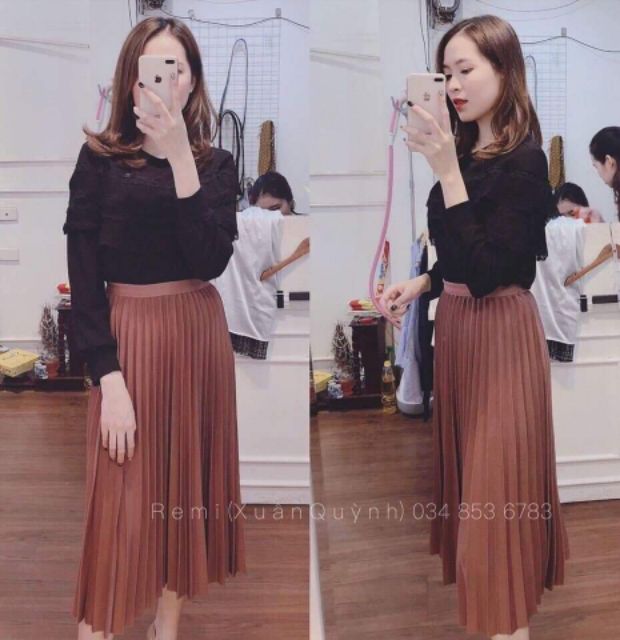 Chân váy dập li dáng dài ánh nhũ hàng QC