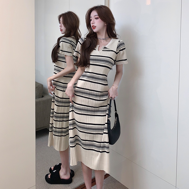NUZIRO  Đầm  dệt kim tay ngắn ôm dáng vừa vặn họa tiết kẻ sọc phong cách Hàn Quốc thời trang dành cho nữ