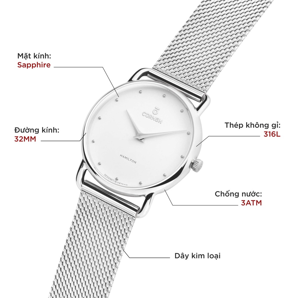 Đồng Hồ Nữ Curnon Hamilton Anne Dây Kim Loại Chính Hãng, Thiết Kế Mặt Vòm Hiện Đại