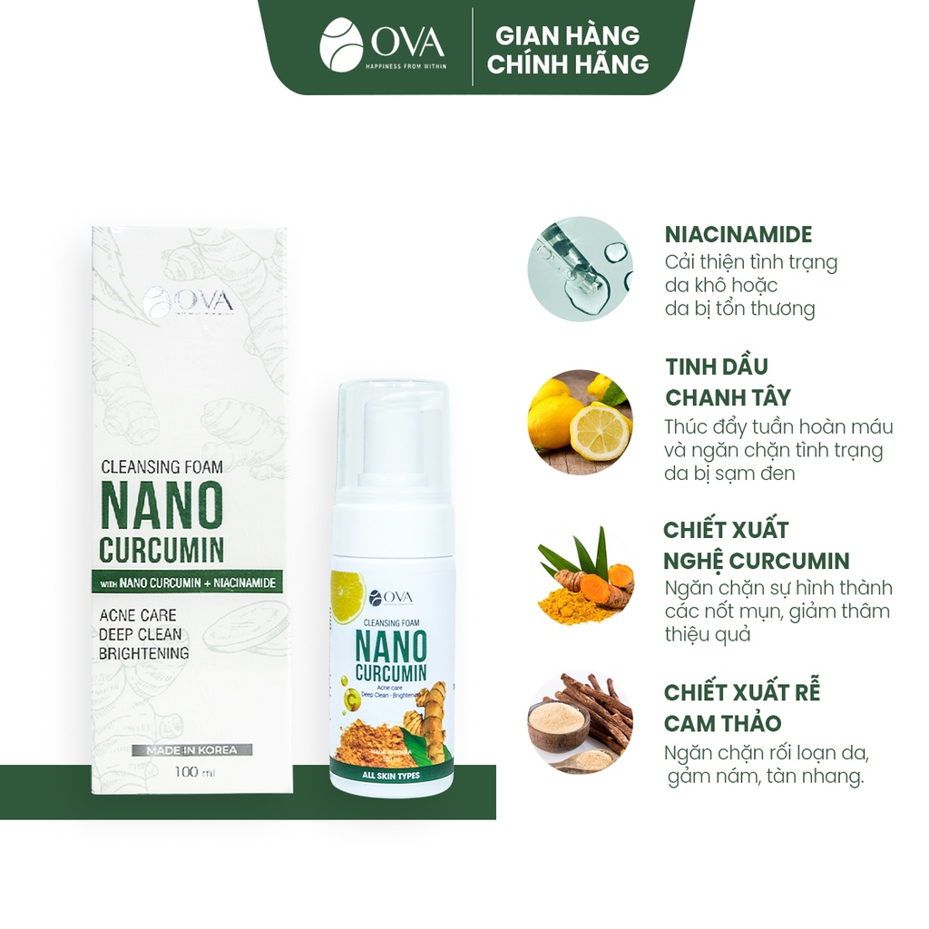 Sữa rửa mặt nghệ tạo bọt Nano Curcumin 100ml ngừa mụn trứng cá cho da mặt dầu, làm sạch sâu, hết mụn ẩn, cám, đầu đen.