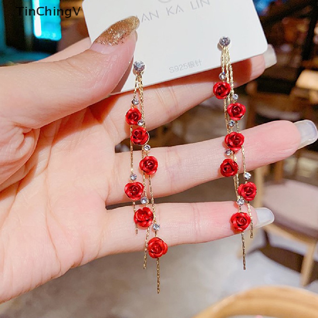 [TinChingV] Bông Tai Dáng Dài Hình Cánh Hoa Tua Rua Màu Đỏ Tím Lãng Mạn Ngọt Ngào Lãng Mạn Cho Cô