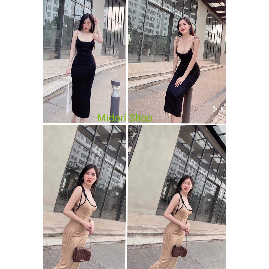 Đầm ôm body nữ hai dây cột nơ form dài qua gối chất thun borip loại 1 co giãn tốt ôm dáng cực kì MIDORI247