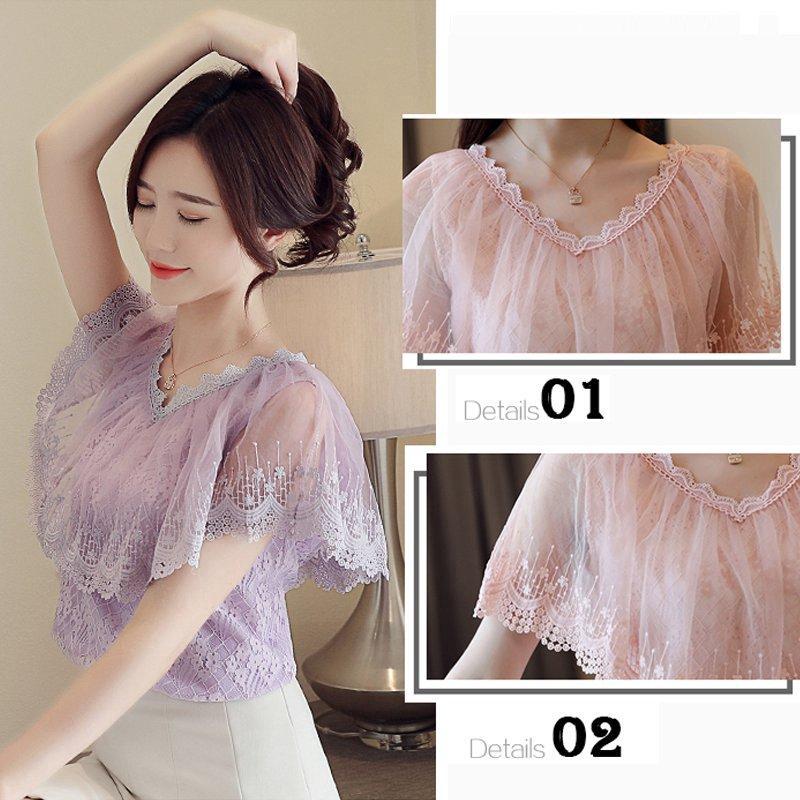 Áo kiểu chiffon phối ren hoa cổ V nữ tính