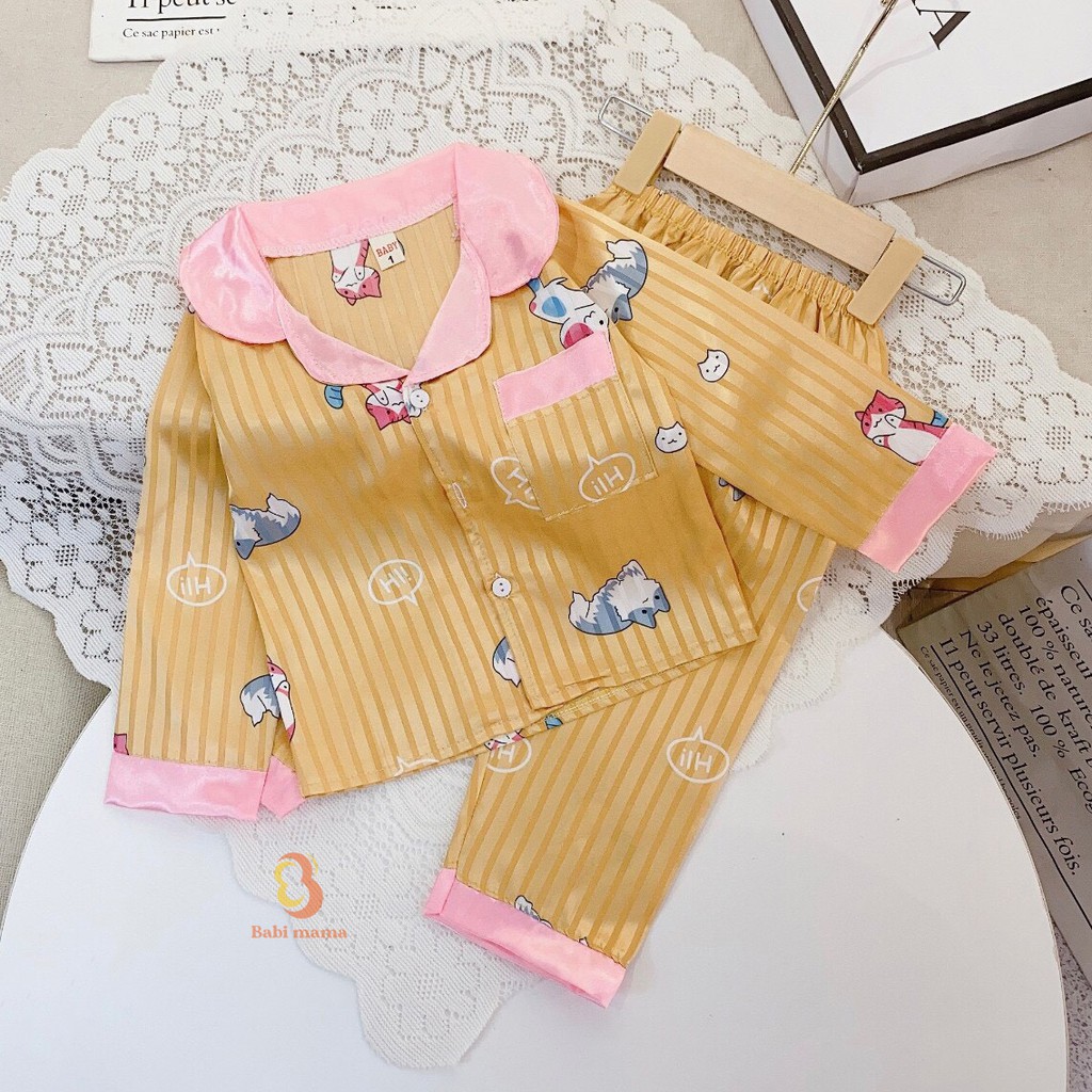 Set Quần Áo Trẻ Em Mặc Nhà Bộ Đồ Ngủ Pijama Lụa Gấm Dài Tay Bé Gái Size 10-24kg - BPN04 - Babi mama