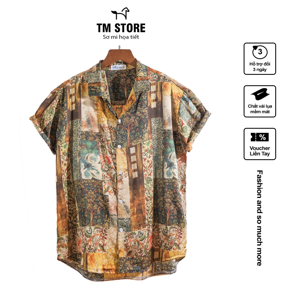 Áo sơ mi họa tiết Tư Mã, chất lụa Thổ Cẩm Boho mềm mặc mát khó nhăn
