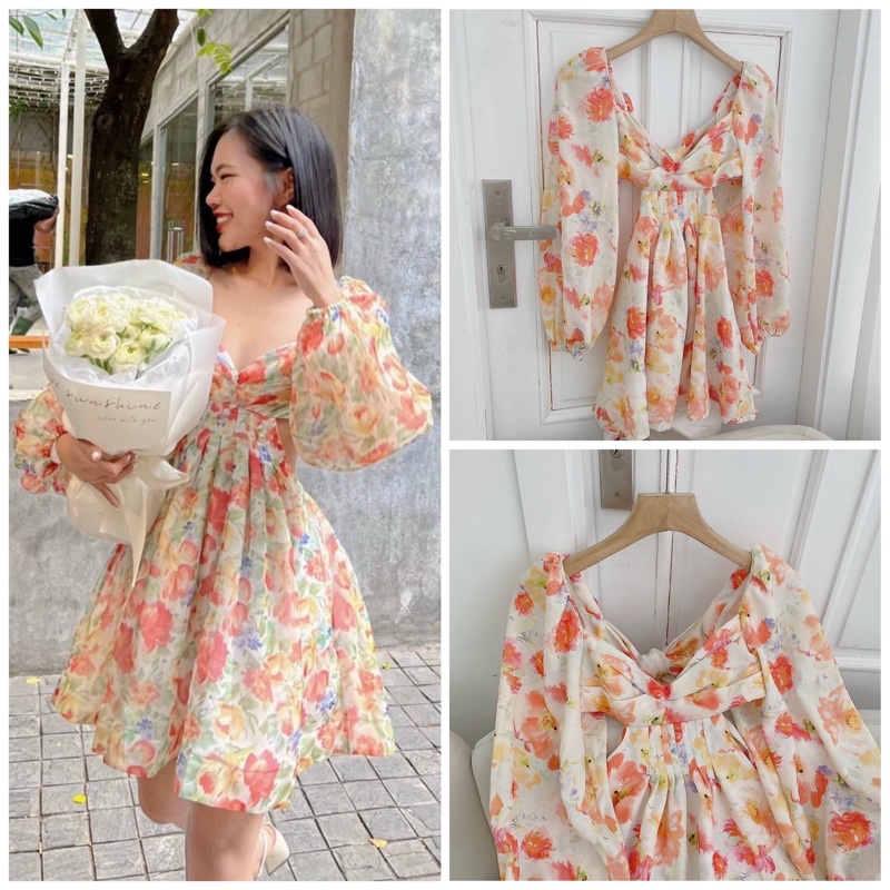 Đầm thiên nga hoa cúp ngực cutout nơ lưng tay phồng đi biển du lịch NÀNG CLOSET