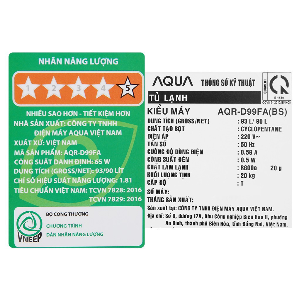 [Mã ELHAMS5 giảm 6% đơn 300K] [AQUA D99FA] Tủ lạnh Aqua 90 lít AQR-D99FA(BS), Bảo hành chính hãng 24 tháng.