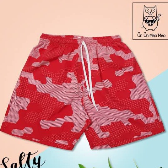 Quần short nam chất liệu dù đi biển nam Ủn Ủn Meo Meo® Summer Vibes màu đỏ