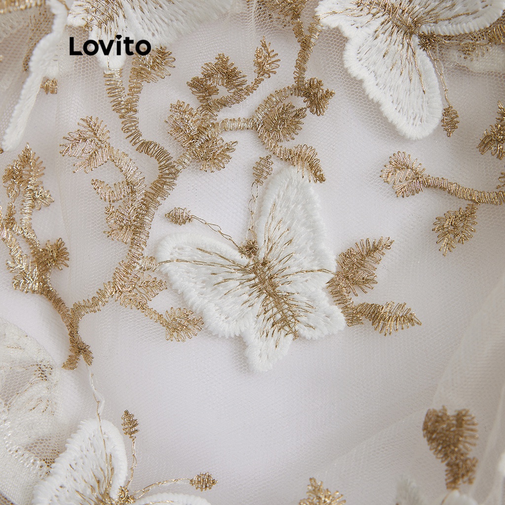 Đồ lót Lovito vải xuyên thấu nhún thun xếp nếp phối miếng đính họa tiết bướm sexy L17X450 (màu trắng)