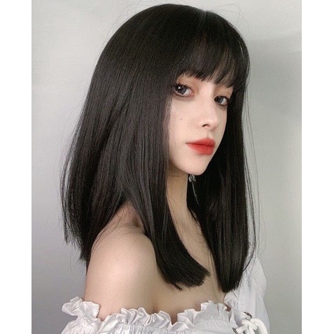 Tóc giả cả đầu thẳng ngắn 35cm phong cách Hàn Quốc tặng lưới đội