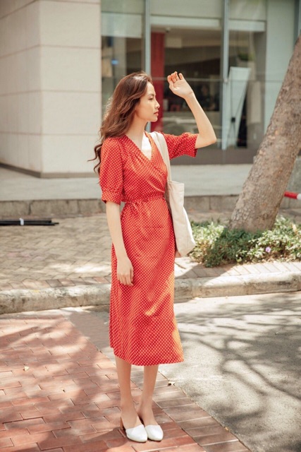 Đầm Maxi Đắp Tà Chấm Bi đỏ đen xt ( kèm clip)