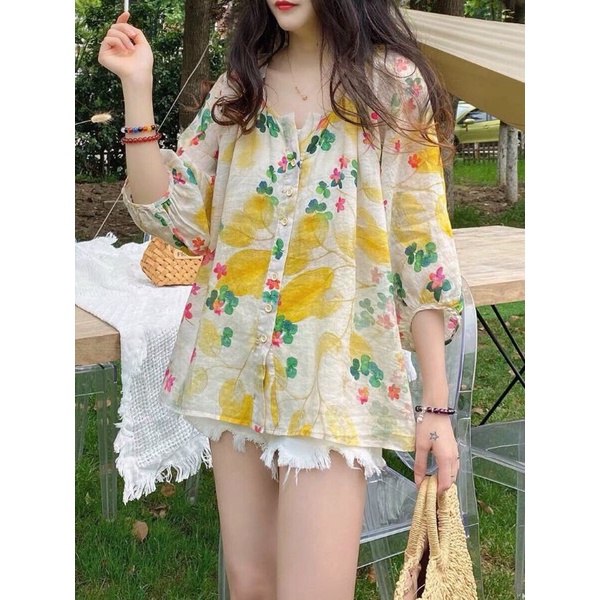 ÁO KIỂU SƠ MI HOA CỔ TRỤ TAY LỞ Lh0917399527