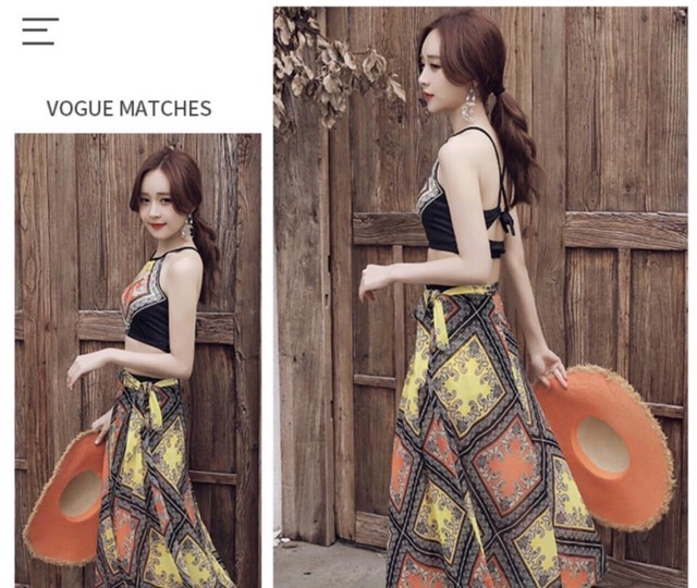 Set bikini 3 chi tiết hoa văn thổ cẩm sang chảnh 8030