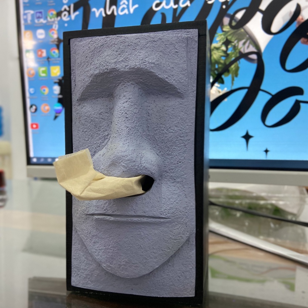 Tượng Rút Khăn Giấy Decor Nhà, Quán Ăn Hình MOAI Hộp Gỗ