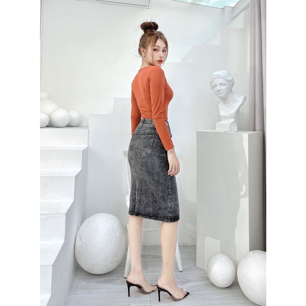 Chân váy jeans dài nữ CRAZYTEEN dáng ôm sang trọng V0011