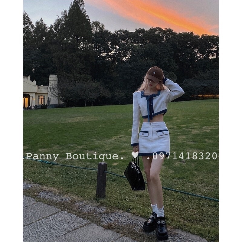 Set tweed trắng croptop viền pha nhung+chân váy, style ulzzang Hàn Quốc🌻 Panny Boutique 🌻