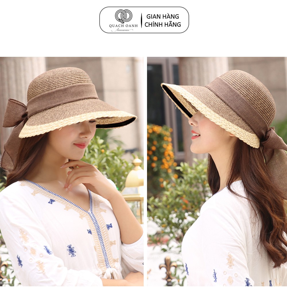 Mũ nón cói QO ACCESSORIES nữ vành rộng viền nâu be thắt nơ sau đi biển mùa hè MU46