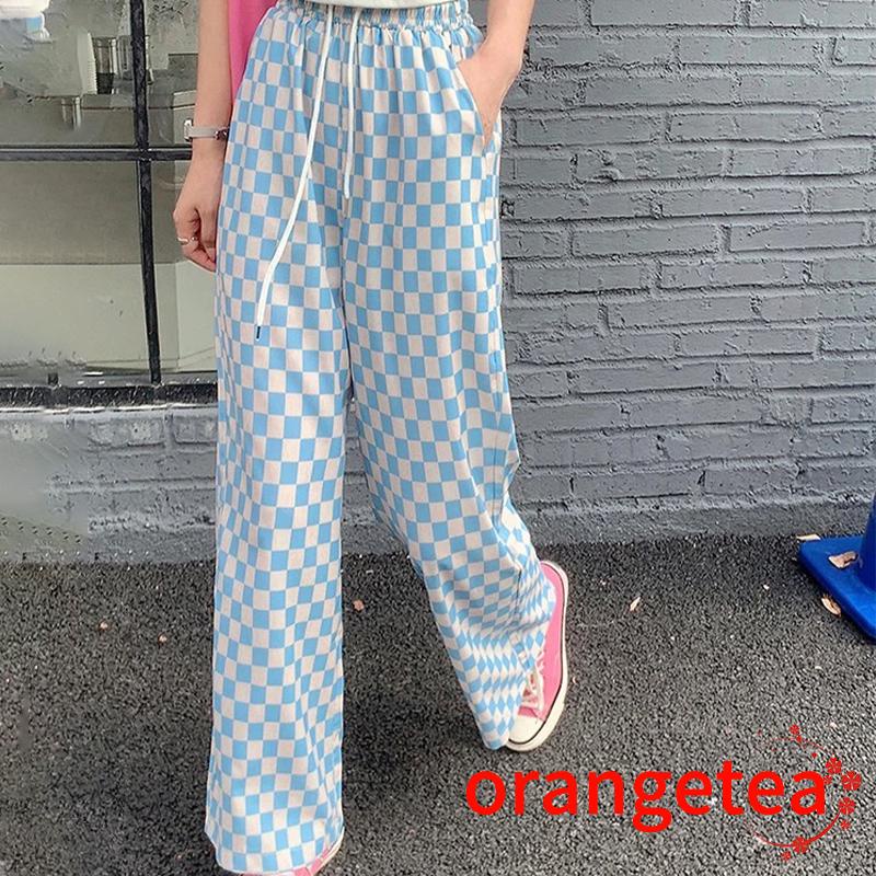 Quần dài nữ ống rộng họa tiết caro thời trang cá tính