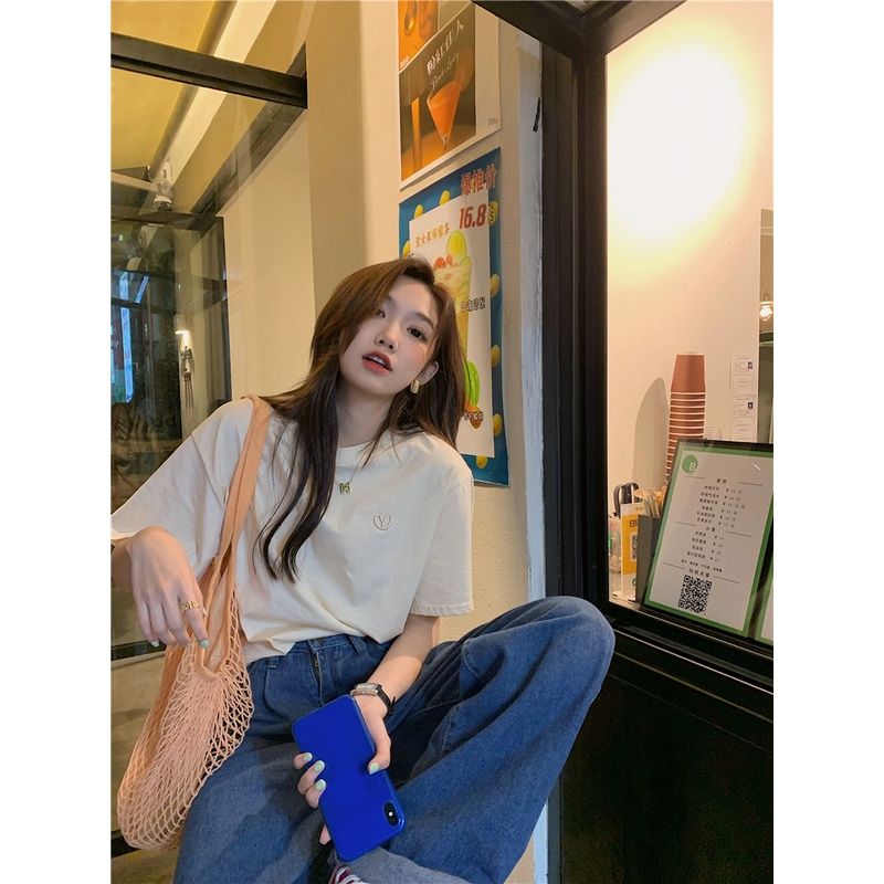 Áo Thun Ngắn Tay Thêu Họa Tiết Đơn Giản Thời Trang Dành Cho Nữ