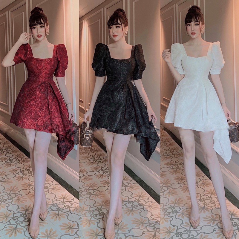Đầm gấm cổ vuông tay bồng lệch tà