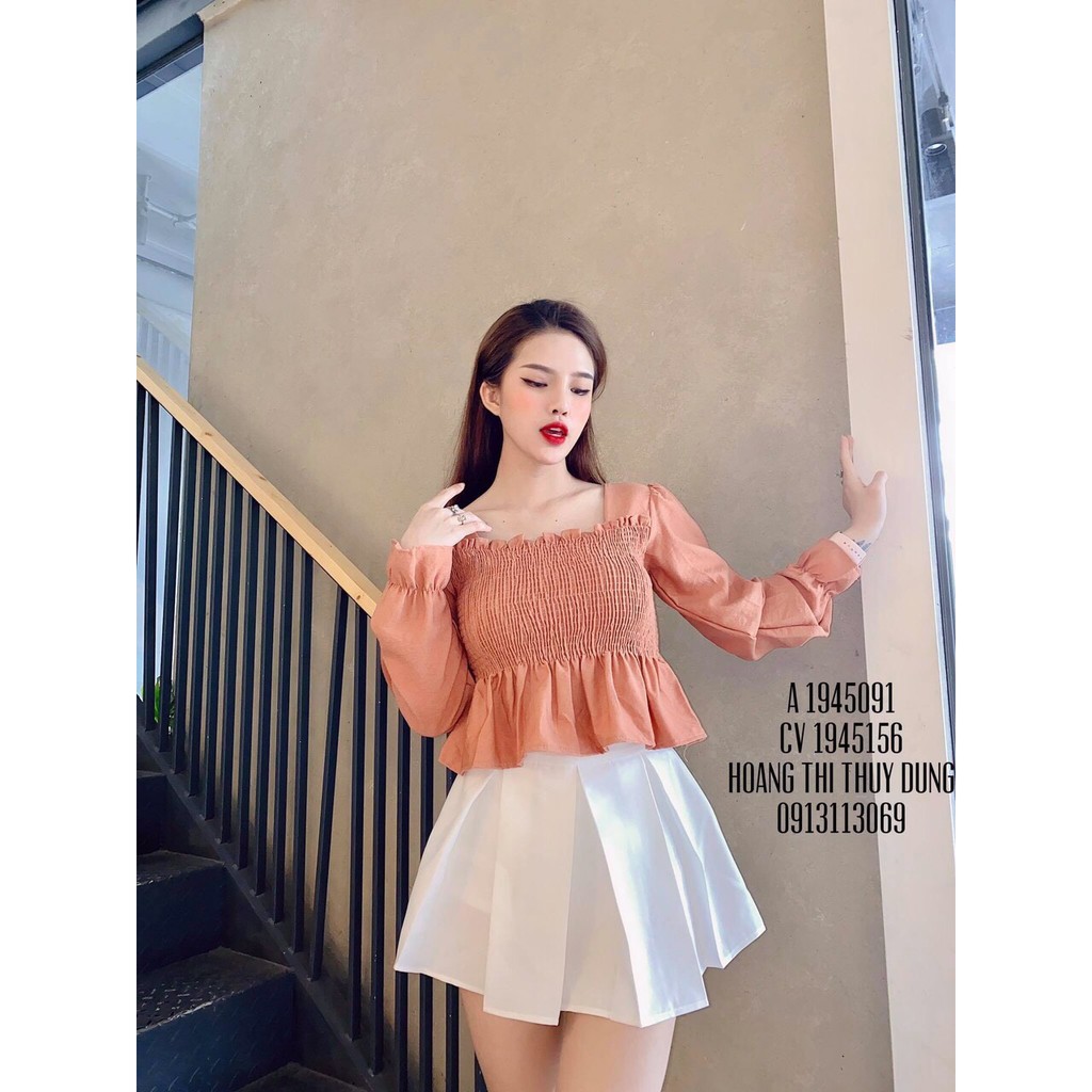 Áo Voan Cổ Vuông Thân Nhún Kết Hợp Phần Xòe Nhẹ Kiểu Tiểu Thư TTS0905