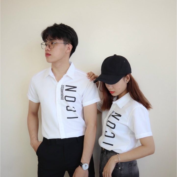 Áo sơ mi nam đen trắng tay ngắn in chữ hiệu icoonn mẫu mới giá rẻ vải mặc mát cao cấp VBSHOP002
